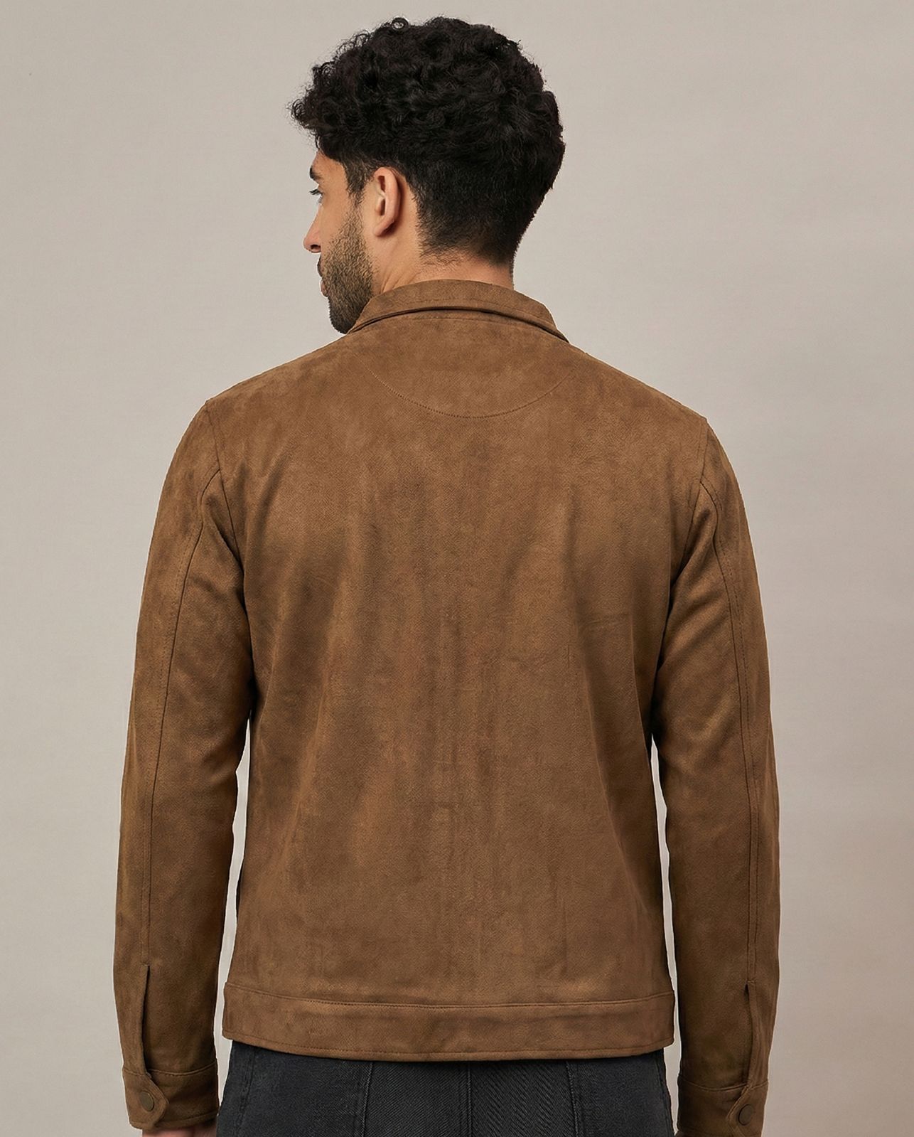 Dark Brown Suede Pocket Zipper Jacket With Stand Collar