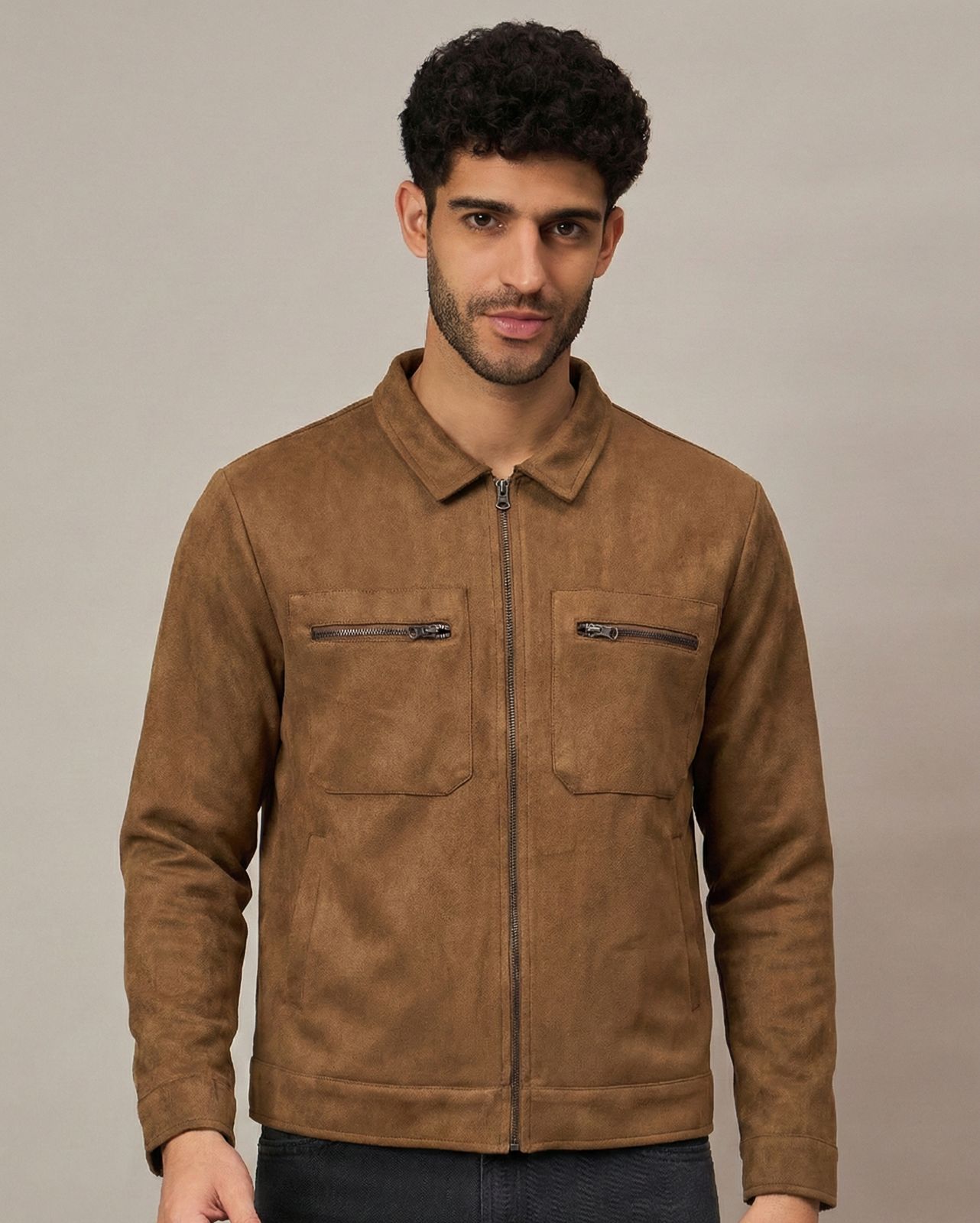 Dark Brown Suede Pocket Zipper Jacket With Stand Collar