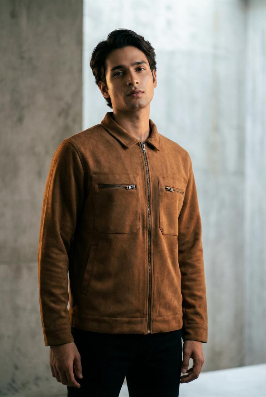 Dark Brown Suede Pocket Zipper Jacket With Stand Collar