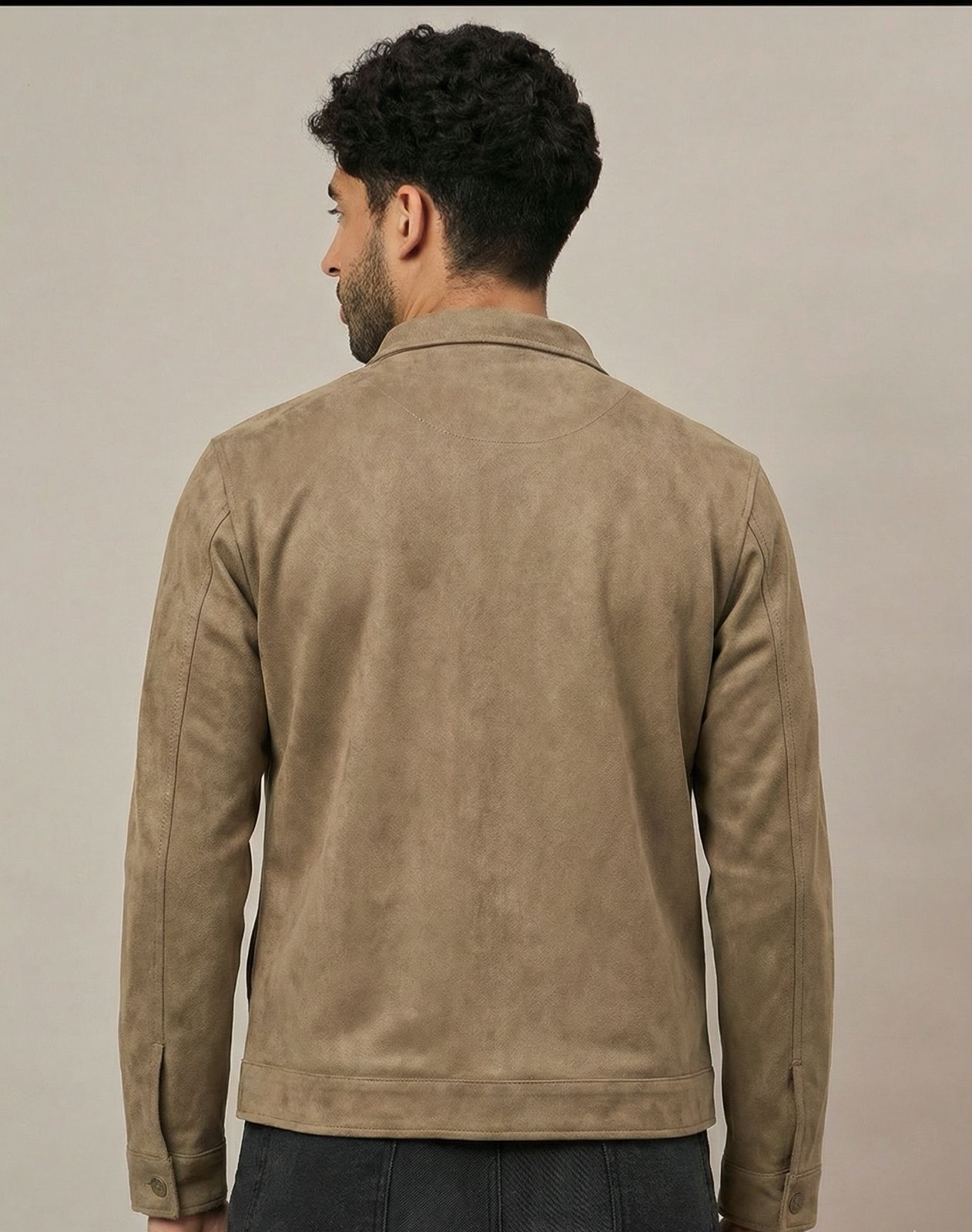 Fawn Suede Pocket Zipper Jacket With Stand Collar