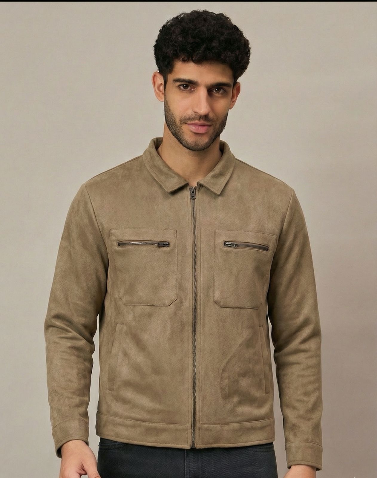 Fawn Suede Pocket Zipper Jacket With Stand Collar