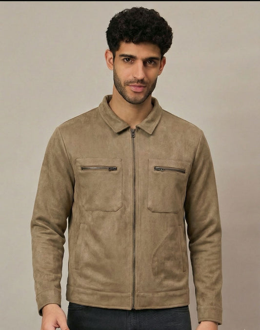 Fawn Suede Pocket Zipper Jacket With Stand Collar