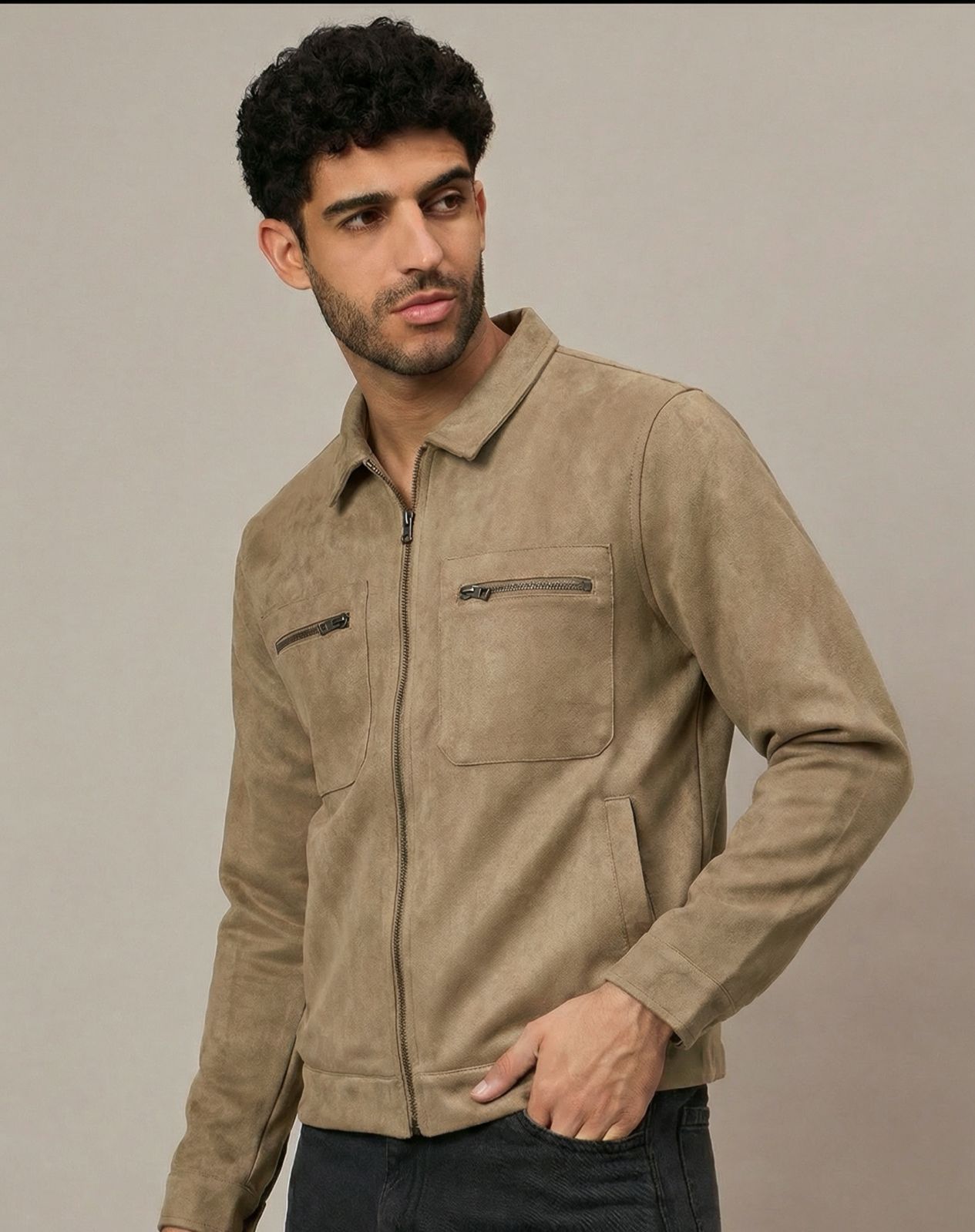 Fawn Suede Pocket Zipper Jacket With Stand Collar