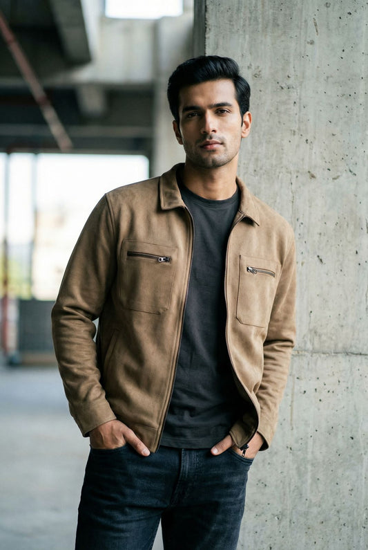 Fawn Suede Pocket Zipper Jacket With Stand Collar