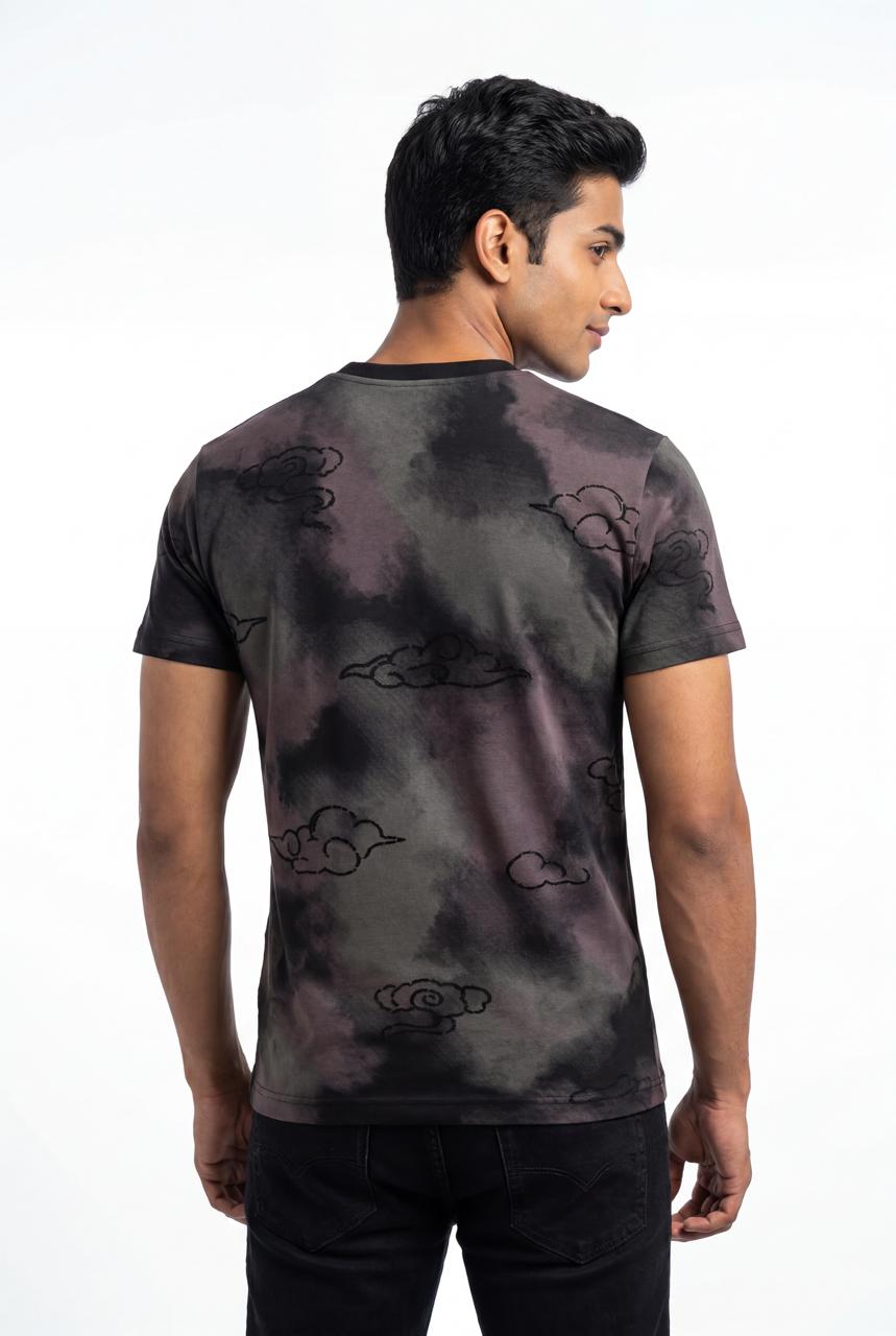 Men Printed Round Neck T-shirt Black Grey - Reprise