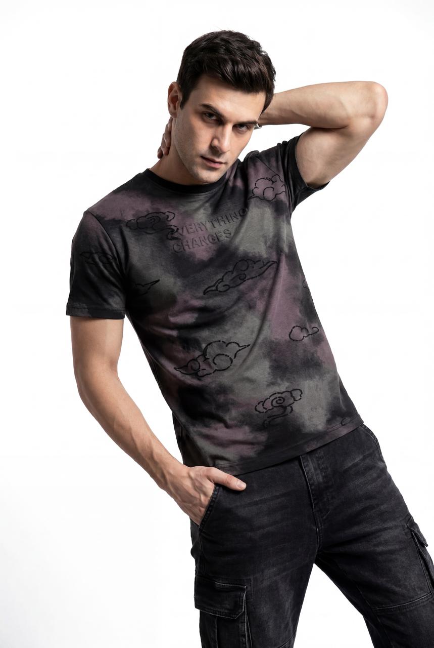 Men Printed Round Neck T-shirt Black Grey - Reprise