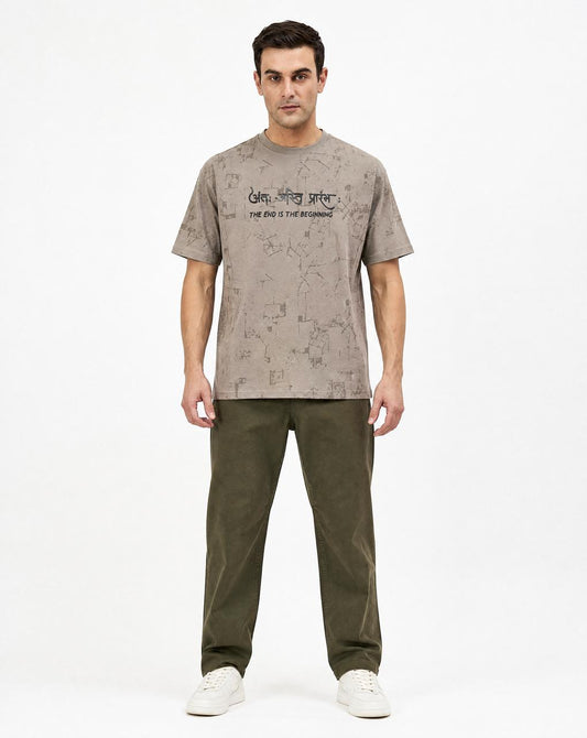 Men Summer Grey Solid Round Neck Half Sleeve Hindi Wording Tshirt - Reprise