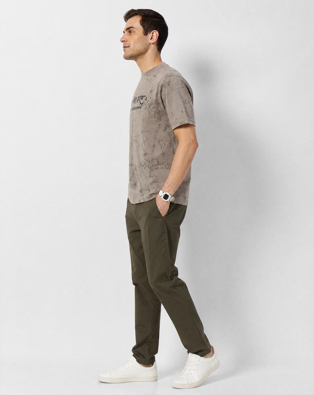 Men Summer Grey Solid Round Neck Half Sleeve Hindi Wording Tshirt - Reprise