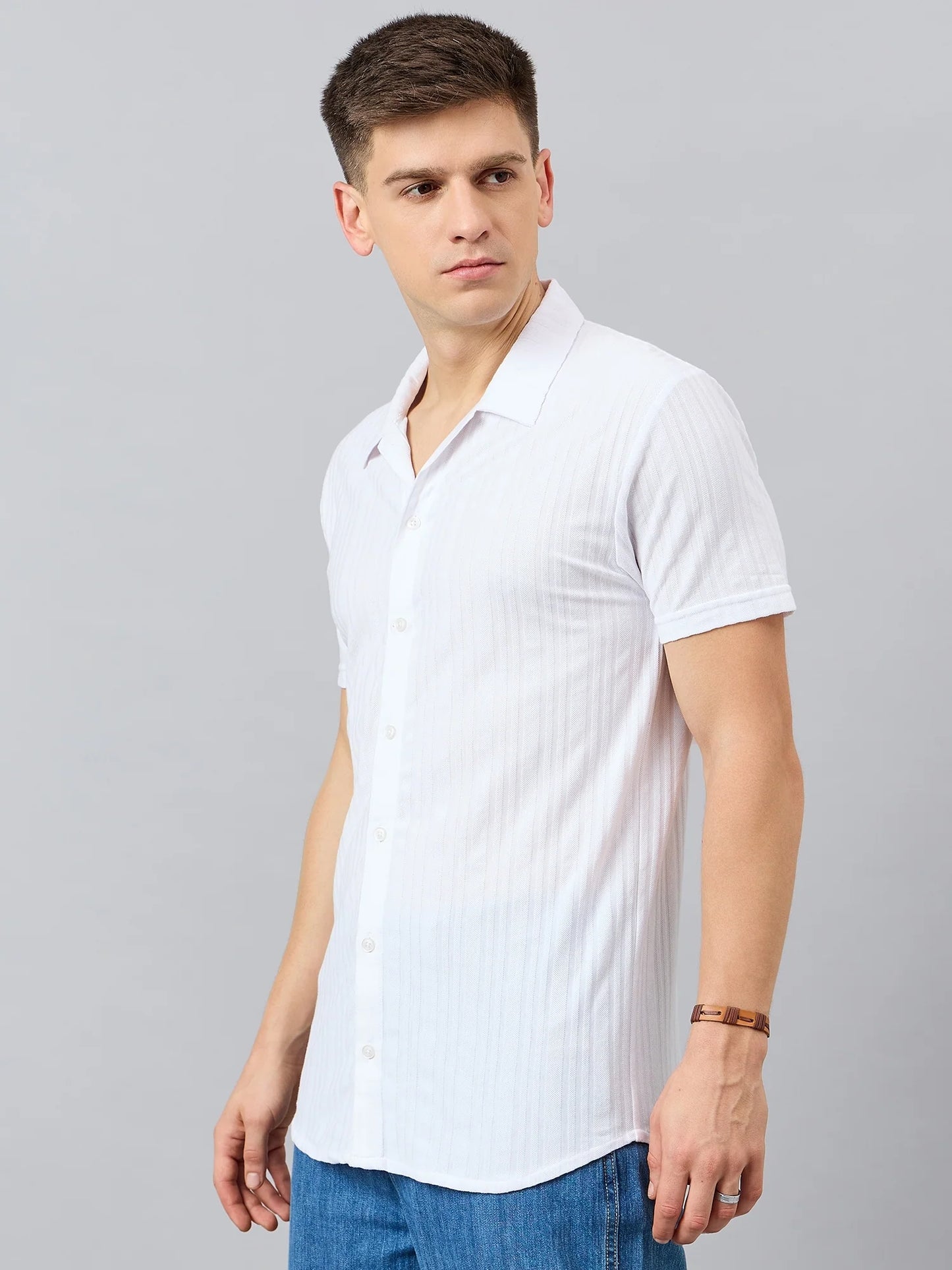 Men Regular Fit Textured Spread Collar Shirt White