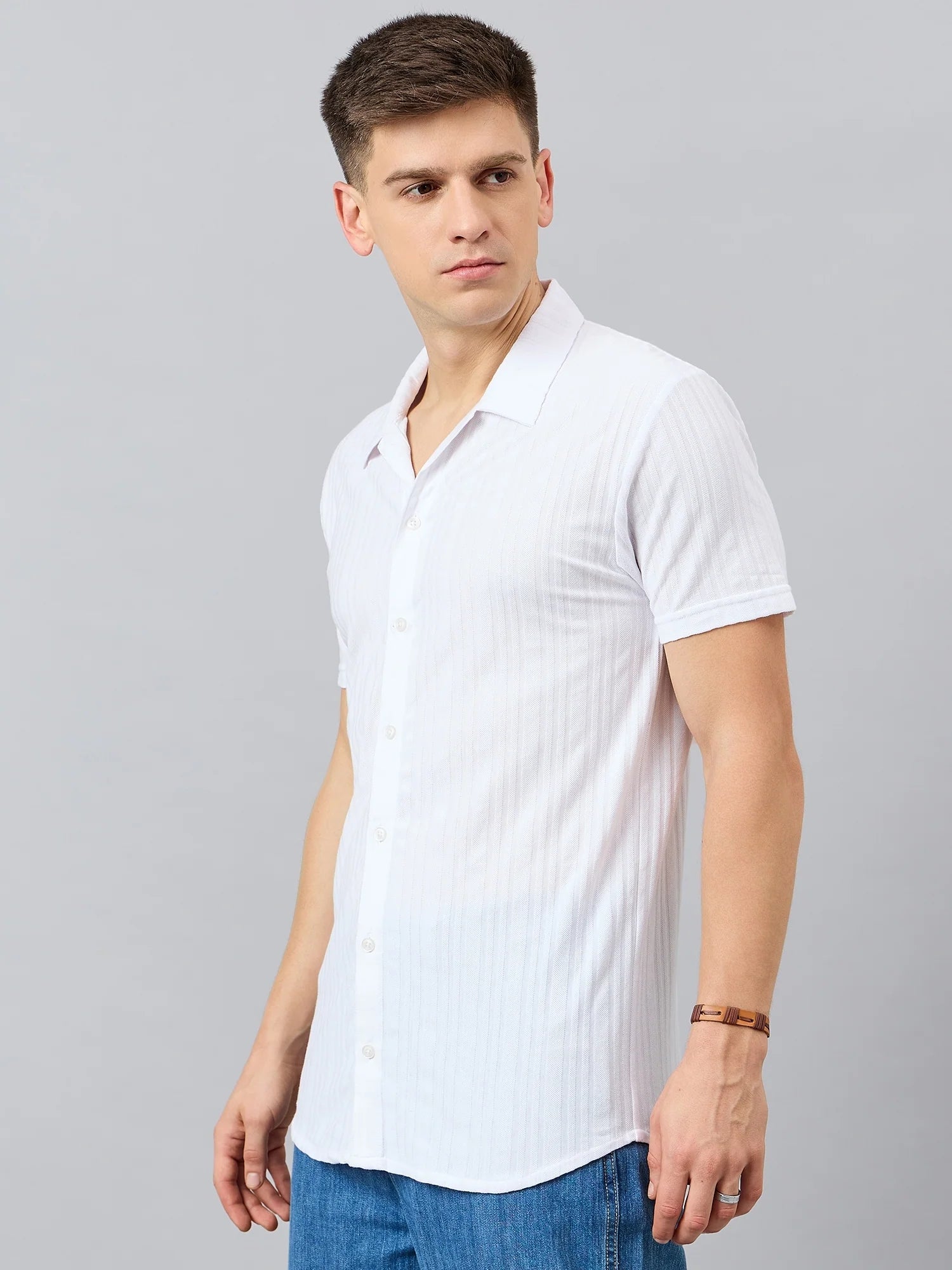 Men Regular Fit Textured Spread Collar Shirt White