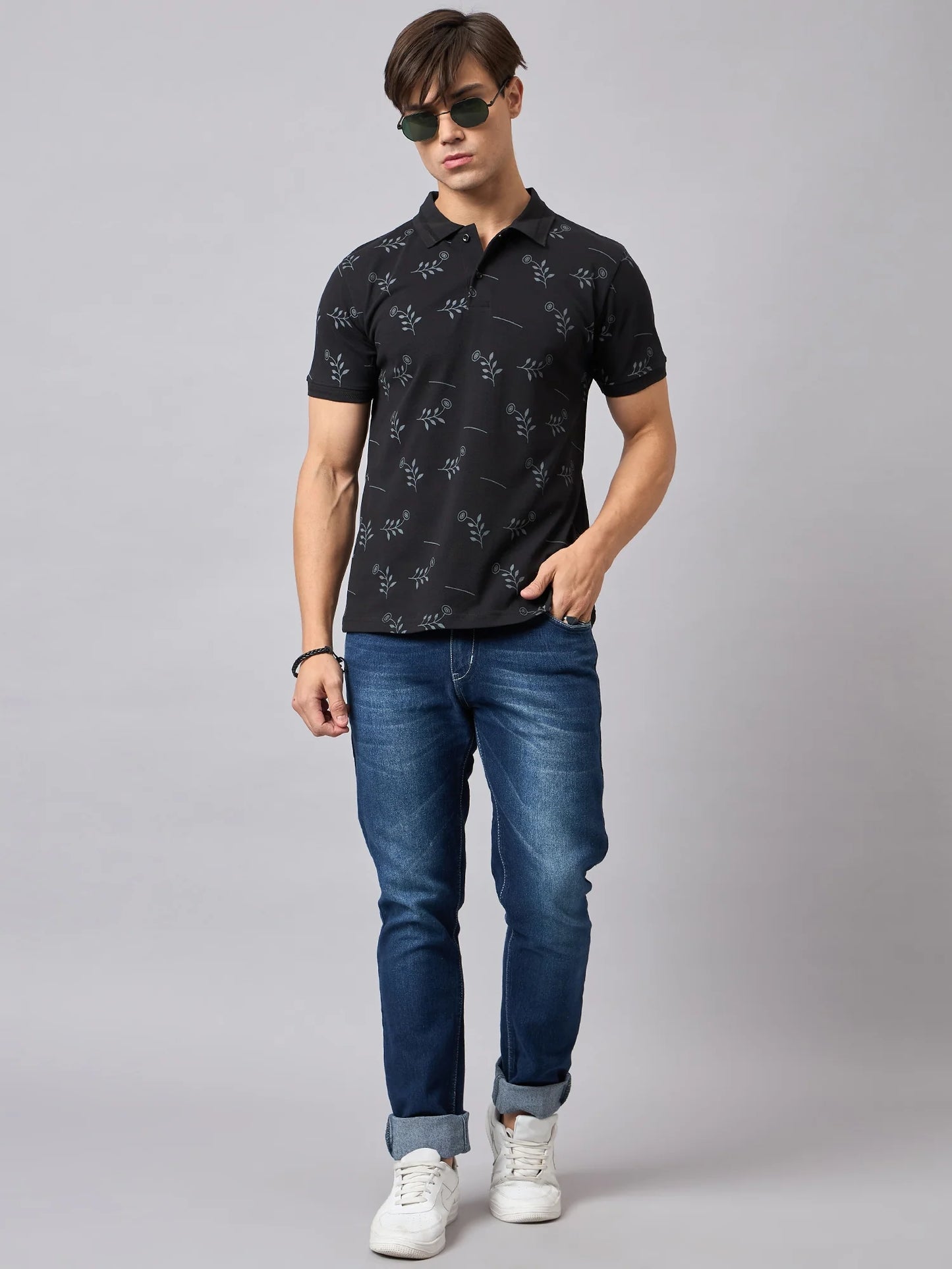 Men Printed Cotton Black Polo T-Shirts