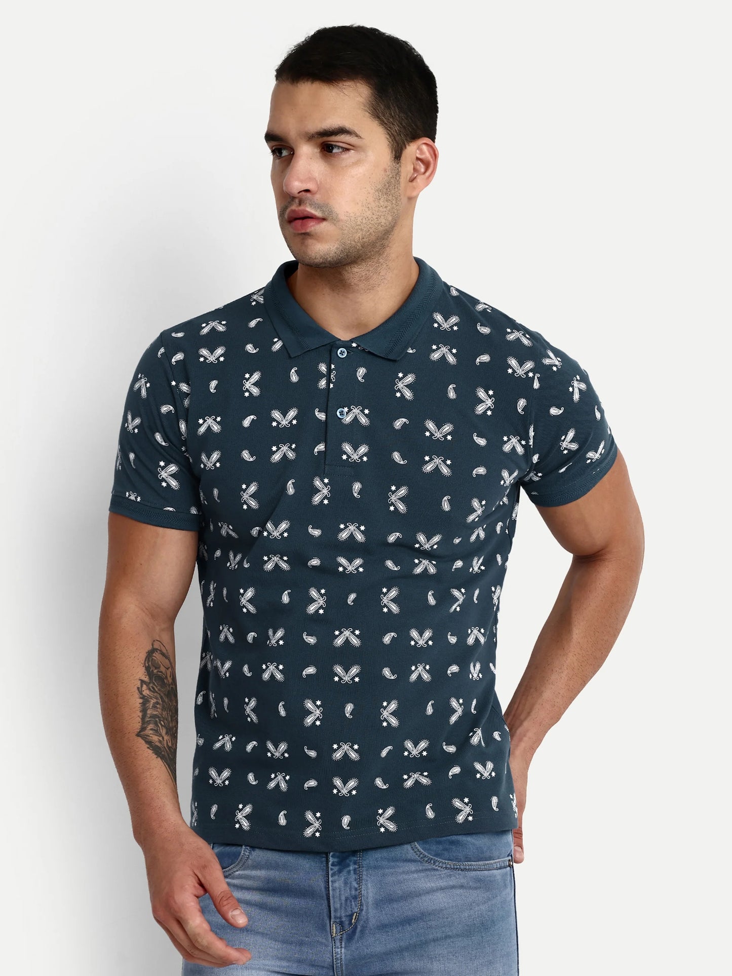Men Printed Polo T-Shirt Blue