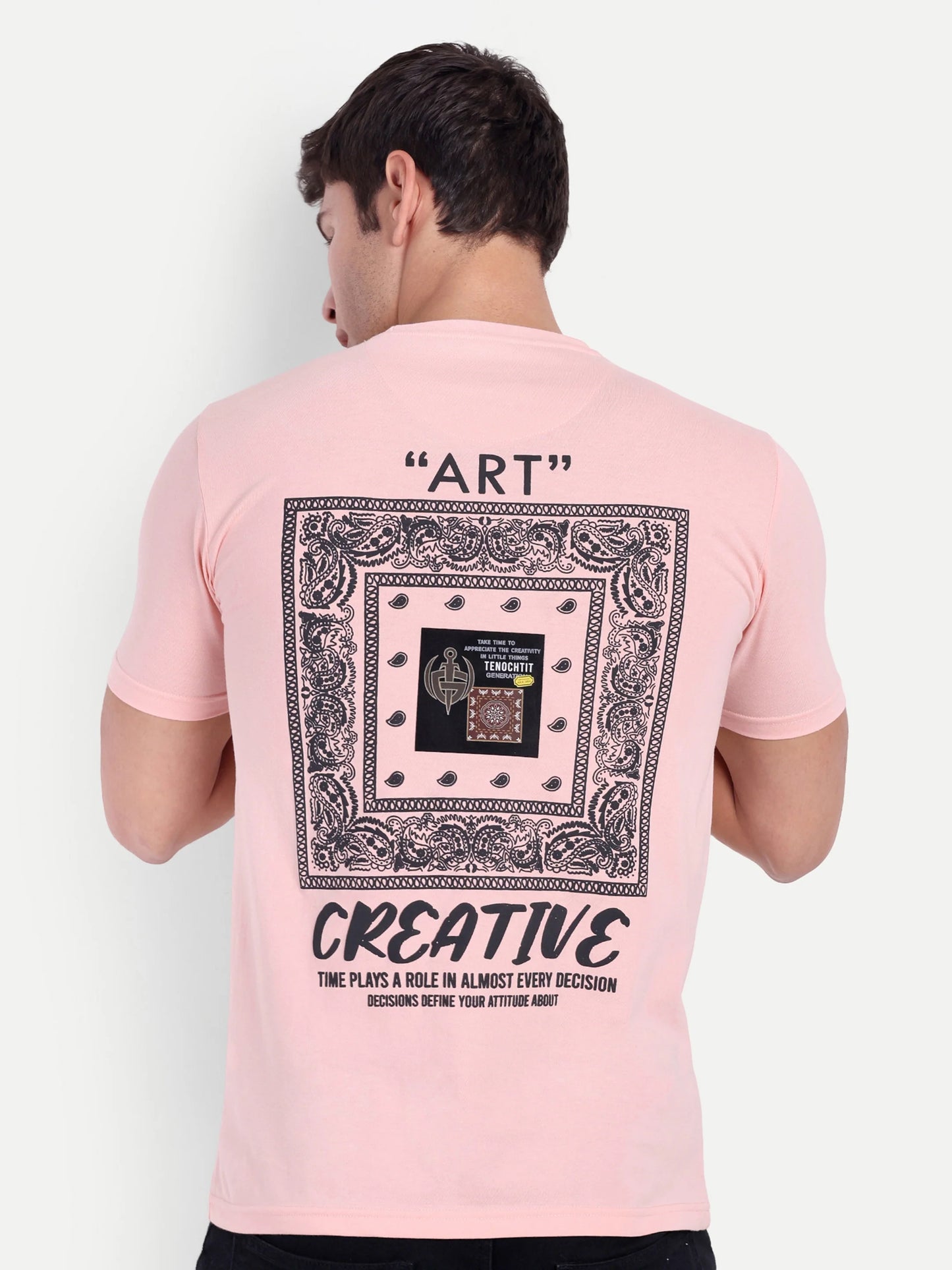 Men Printed Round Neck T-Shirt Peach