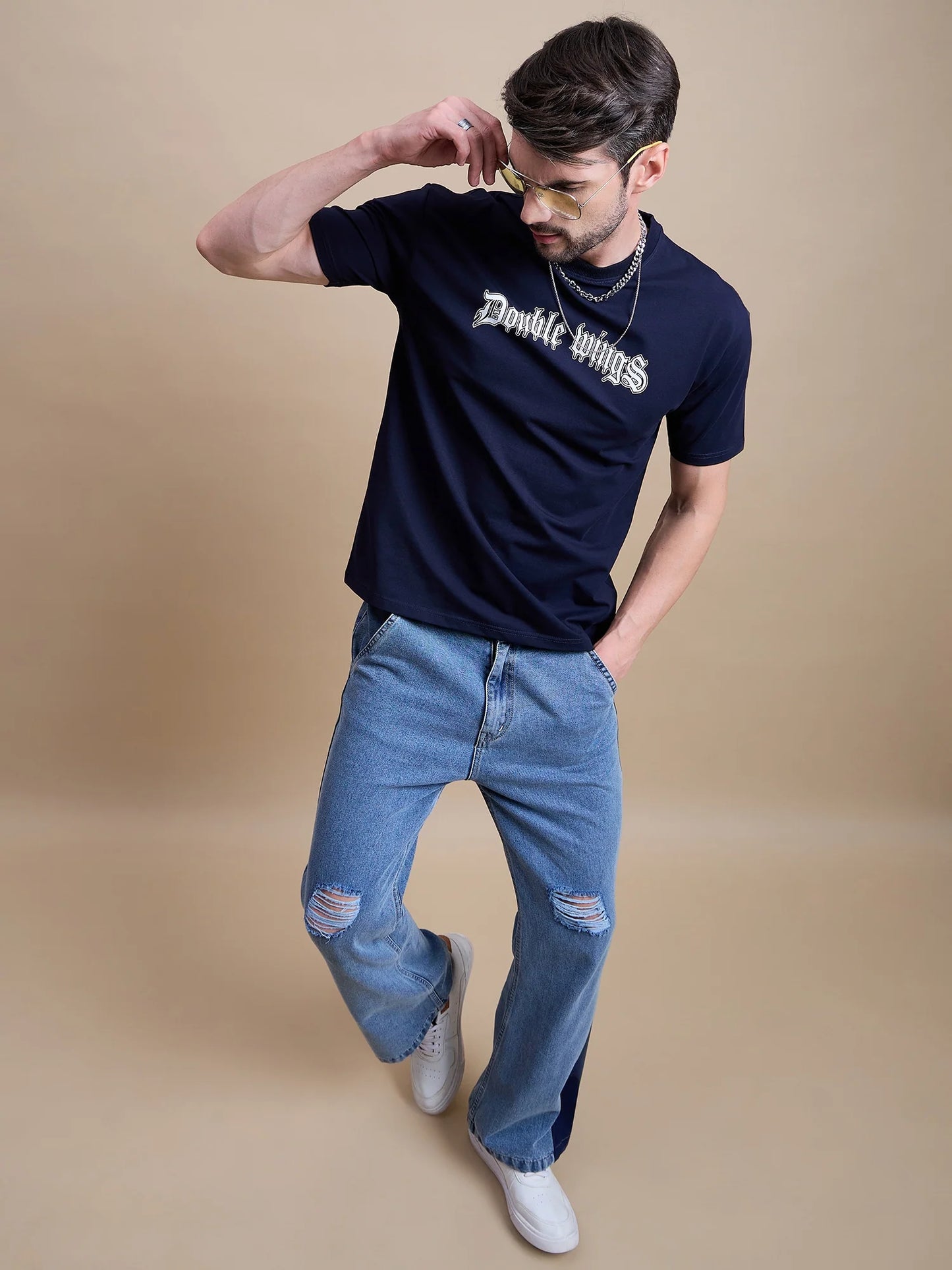 Men Blue Cotton Oversized T-Shirt