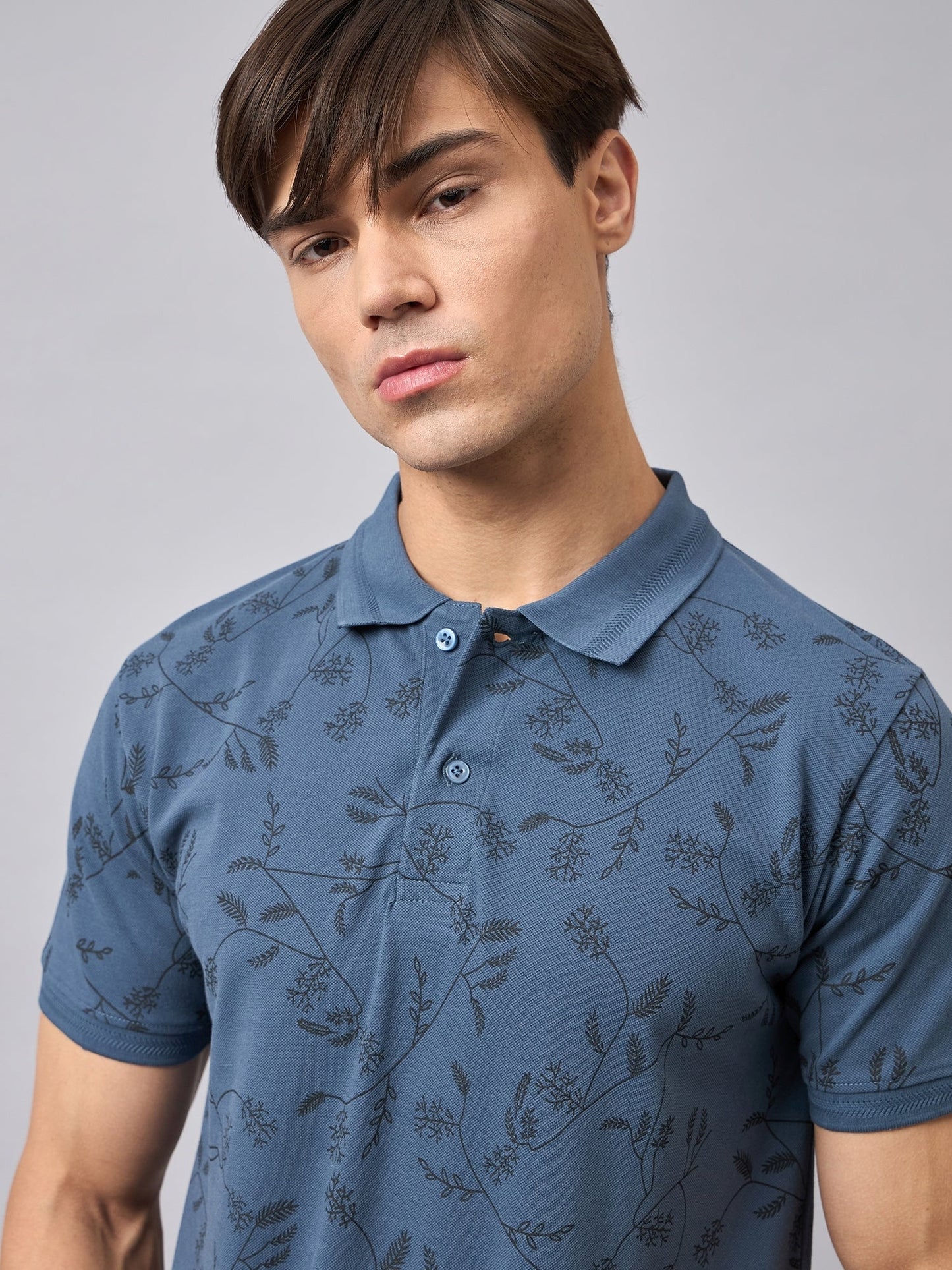 Men Printed Cotton Blue Polo T-Shirts
