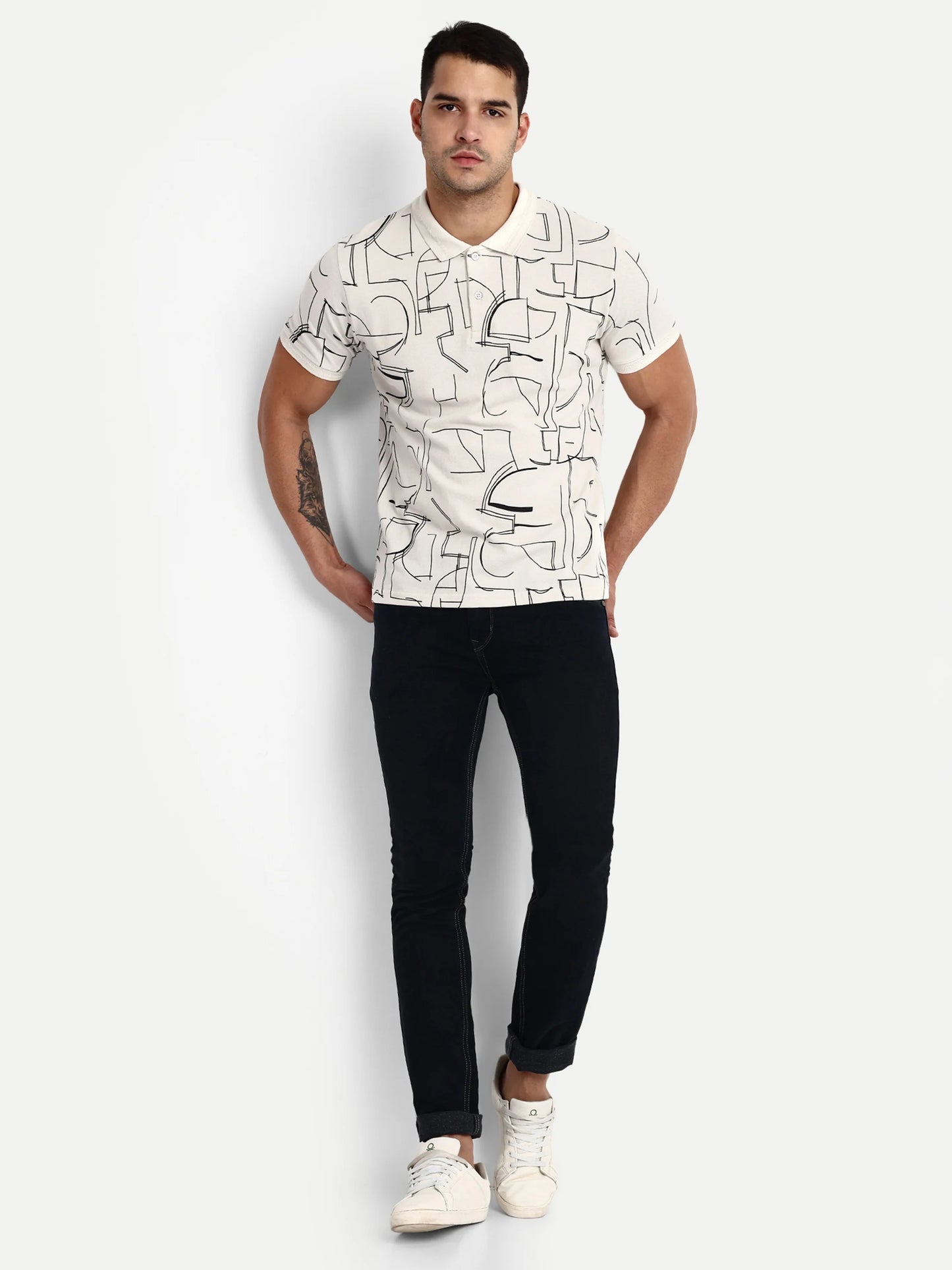 Men Printed Polo T-Shirt Cream