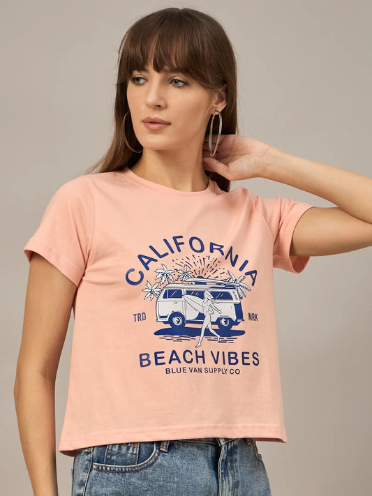 Women Printed Regular Fit T-shirt Peach