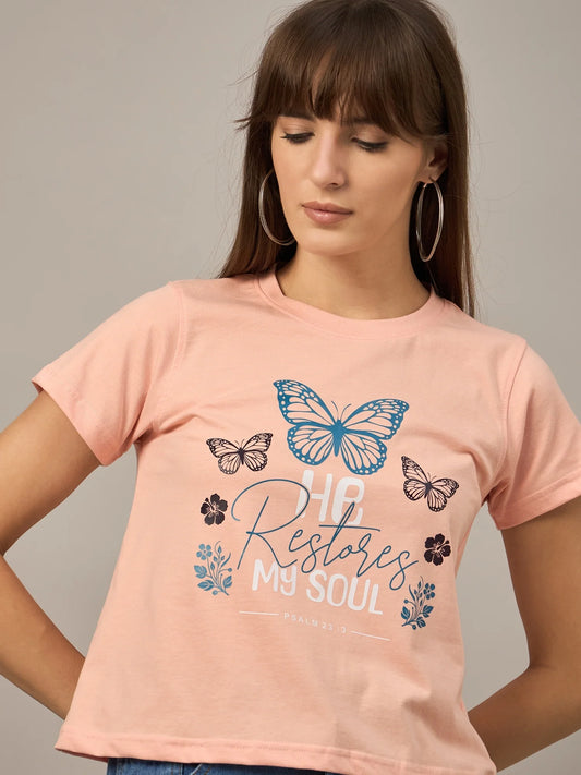 Women Printed Regular Fit T-shirt Peach