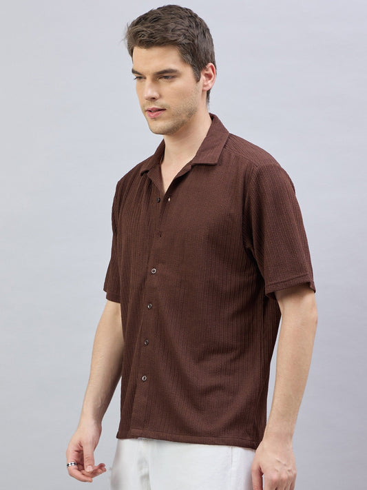 Mens Textured Casual Shirt Brown
