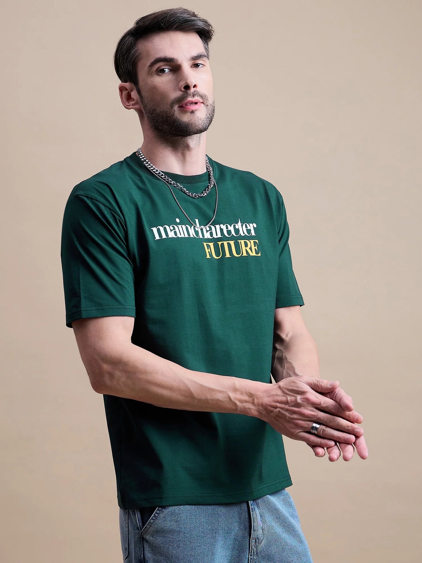 Men Green Cotton Oversized T-Shirt