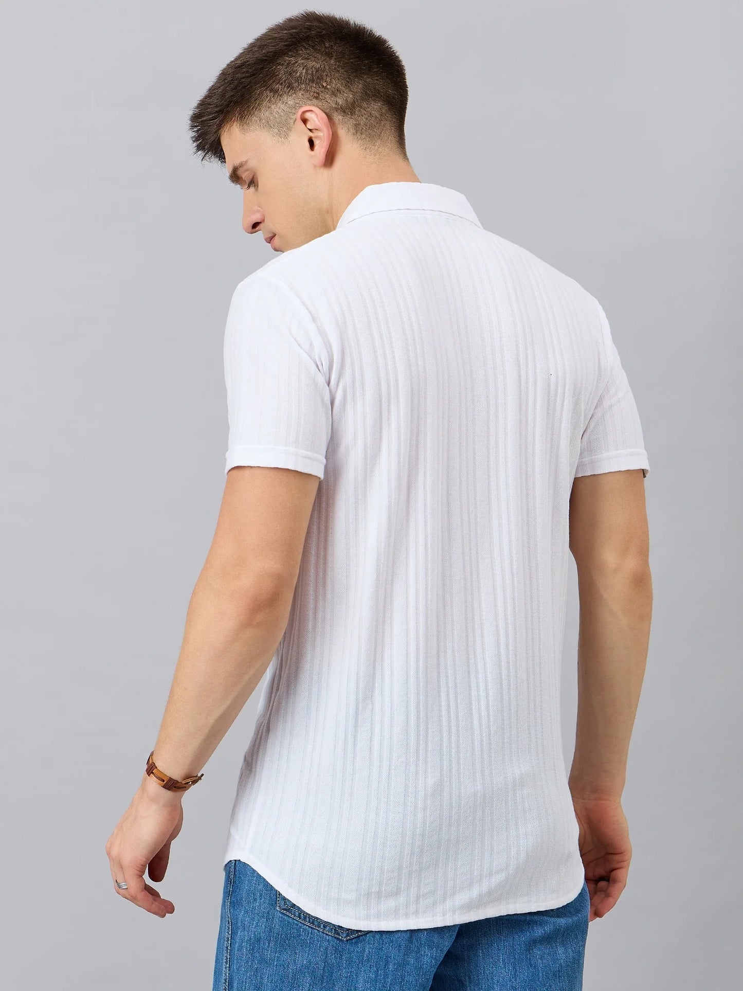 Men Regular Fit Textured Spread Collar Shirt White