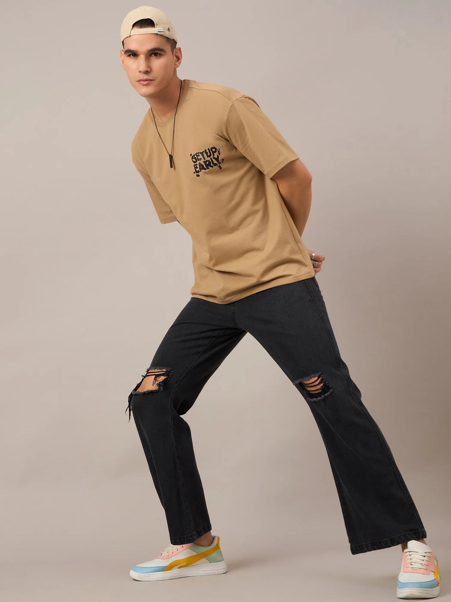 Men Printed Oversized T-shirt Beige