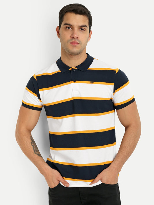 Men Striped Polo T-Shirt White Yellow