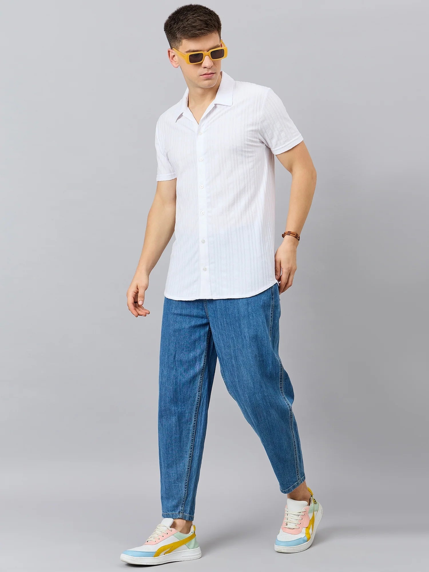 Men Regular Fit Textured Spread Collar Shirt White