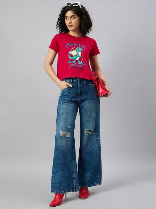Women Printed Regular Fit T-shirt Red