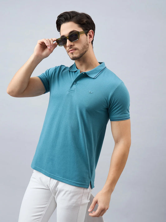 Men Green Solid Cotton Polos