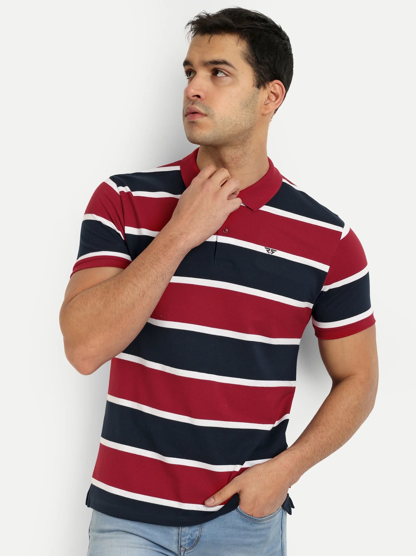 Men Striped Polo T-Shirt Maroon