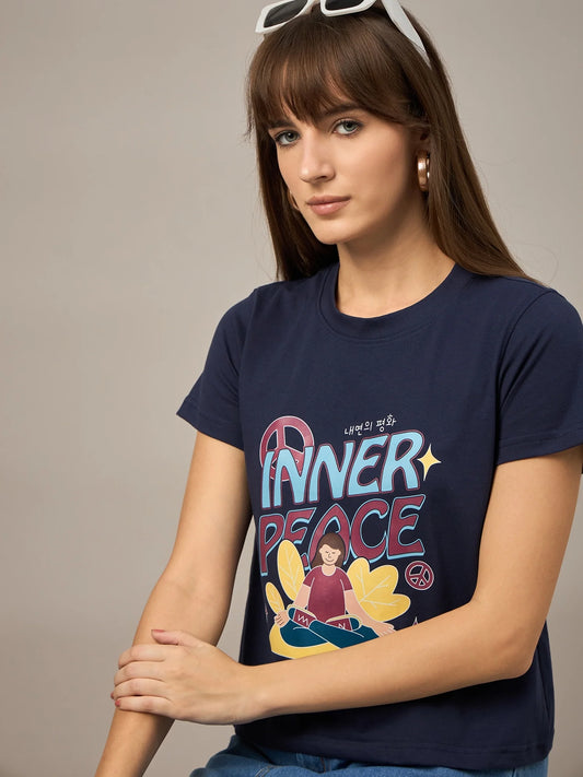 Women Printed Regular Fit T-shirt Navy