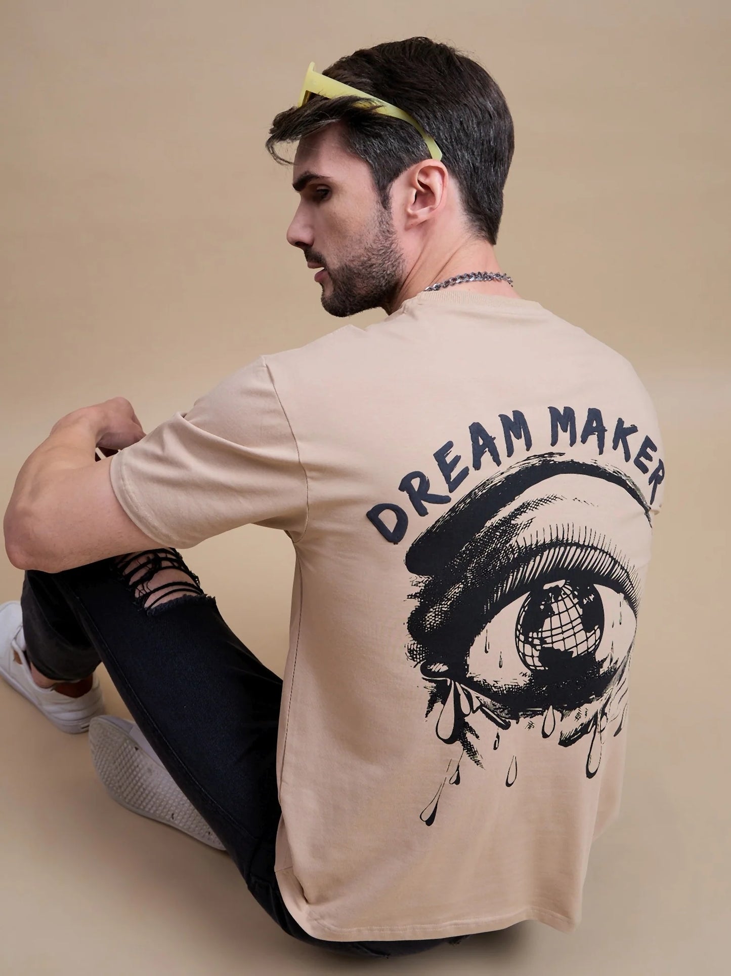 Men Beige Cotton Oversized T-Shirt