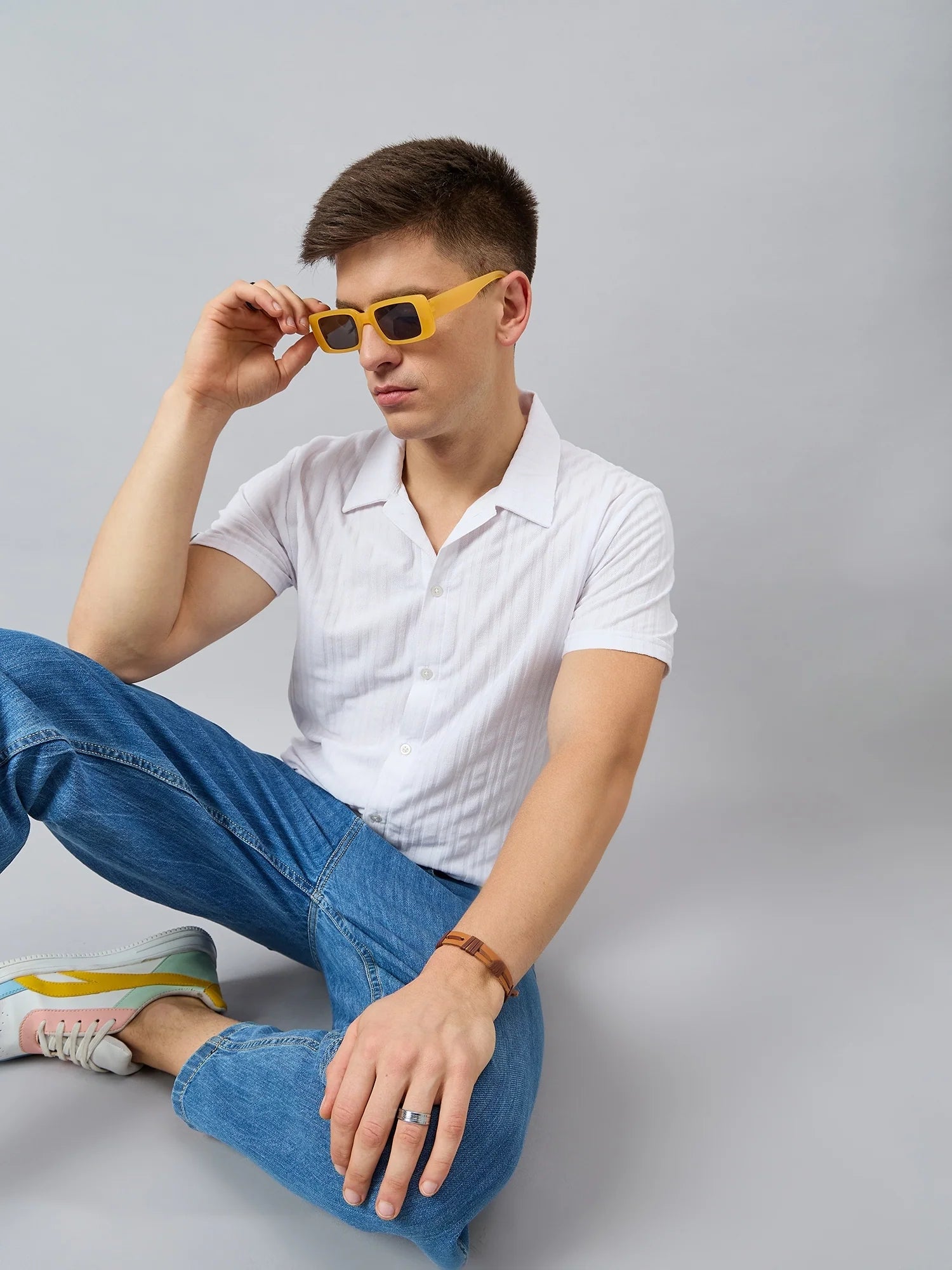 Men Regular Fit Textured Spread Collar Shirt White