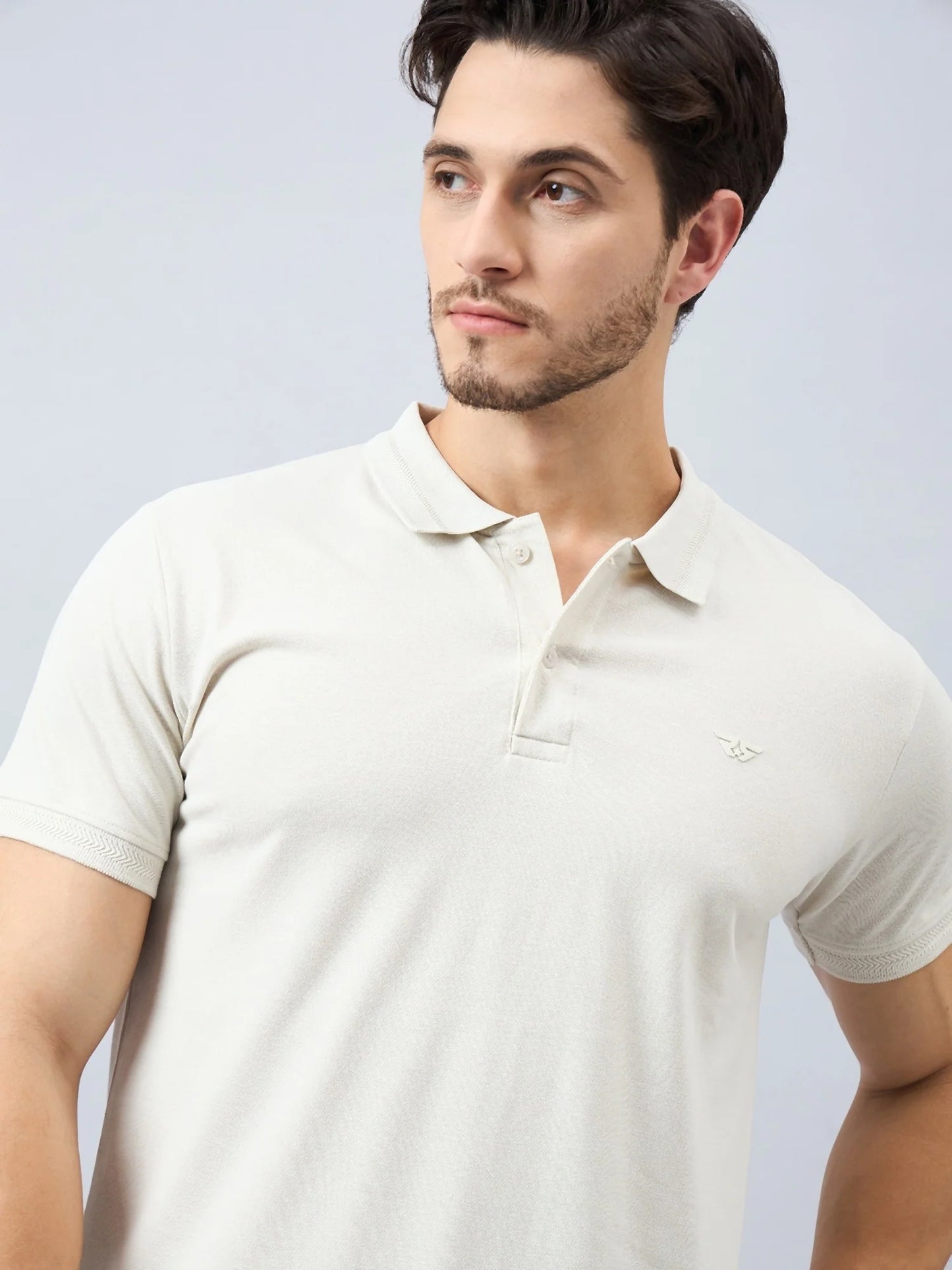 Men Solid Beige Cotton Polo T-Shirts