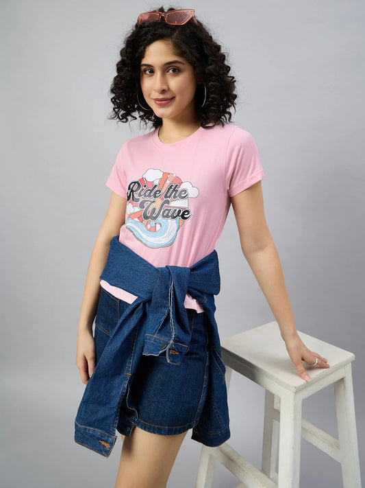 Women Printed Regular Fit T-shirt Pink