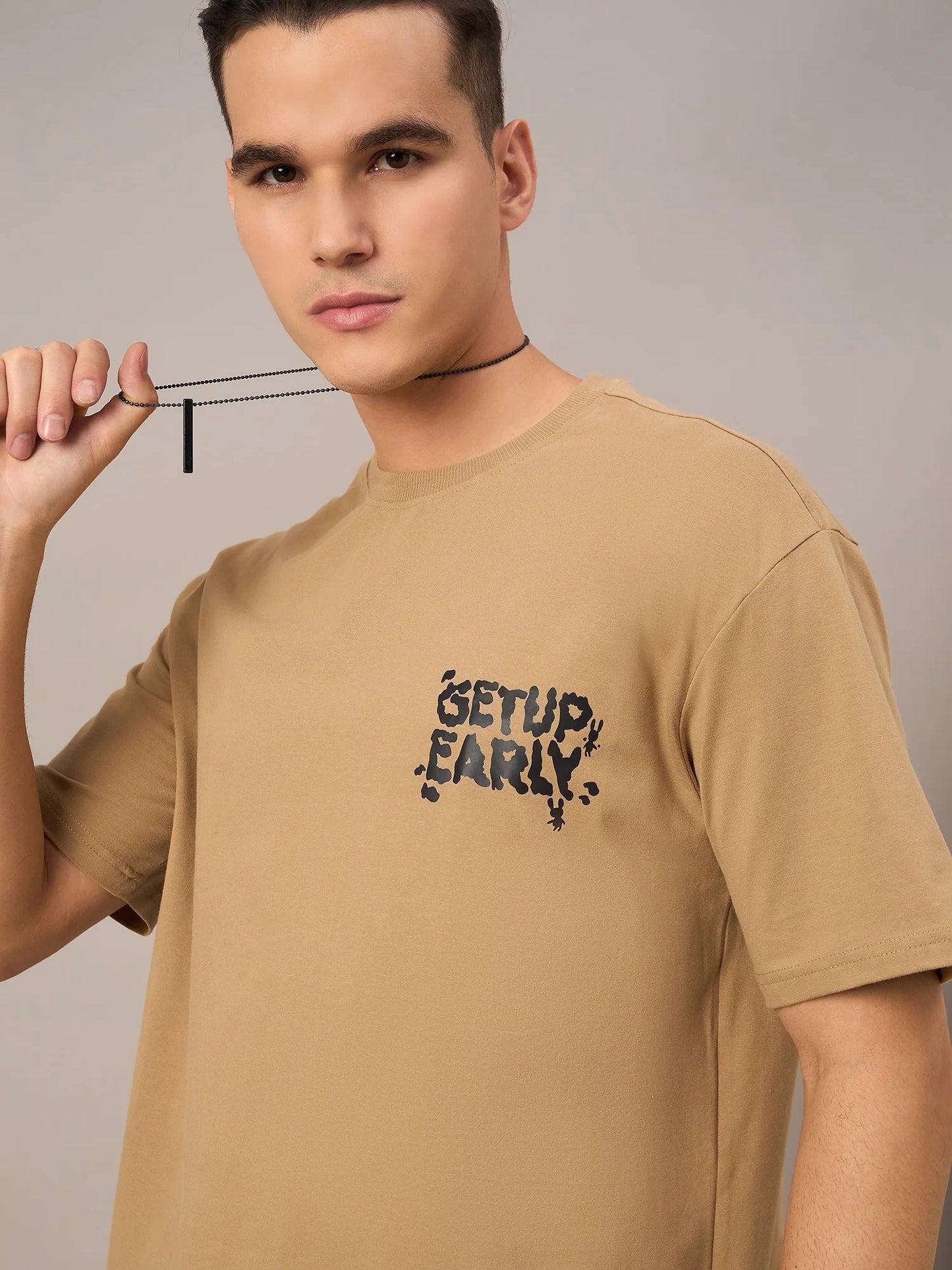 Men Printed Oversized T-shirt Beige