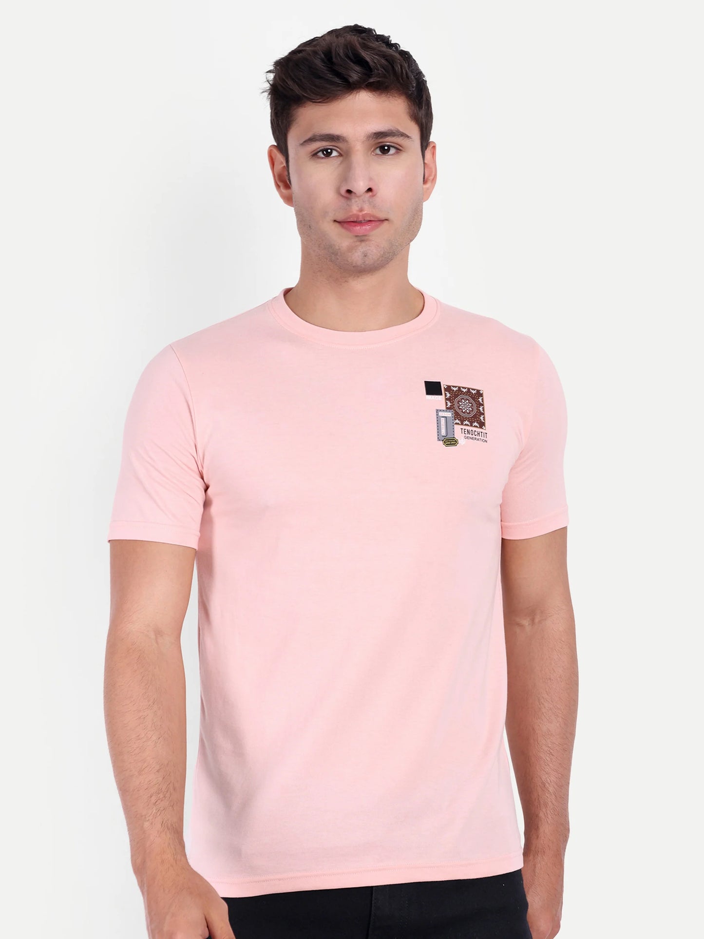 Men Printed Round Neck T-Shirt Peach
