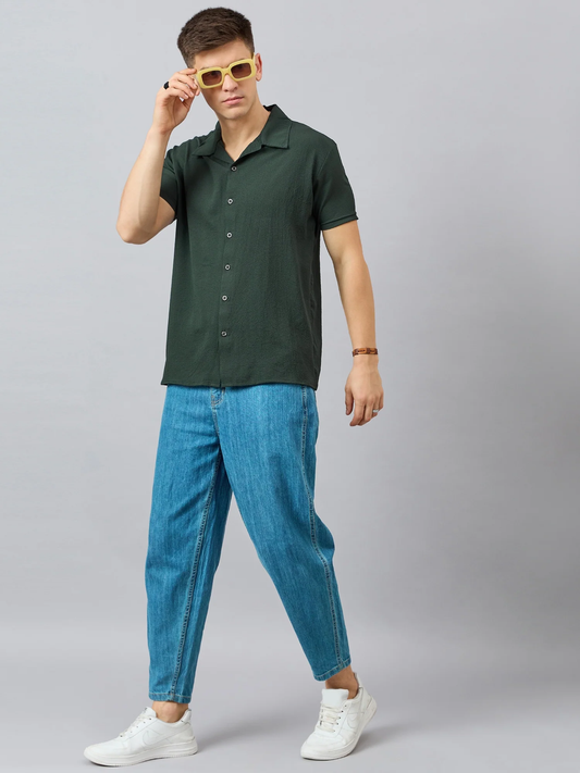 Men Regular Fit Spread Collar Shirt Olive